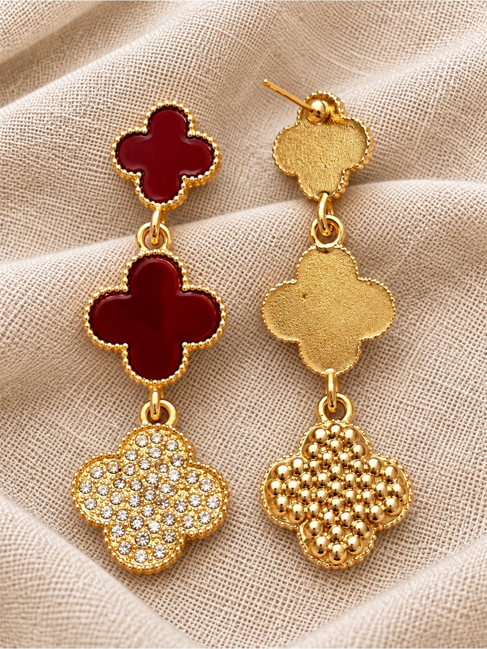 Crimson Red Clover Rhinestone Dangle Drop Earrings Gold Tone 2.5 Inch - Picture 2 of 6